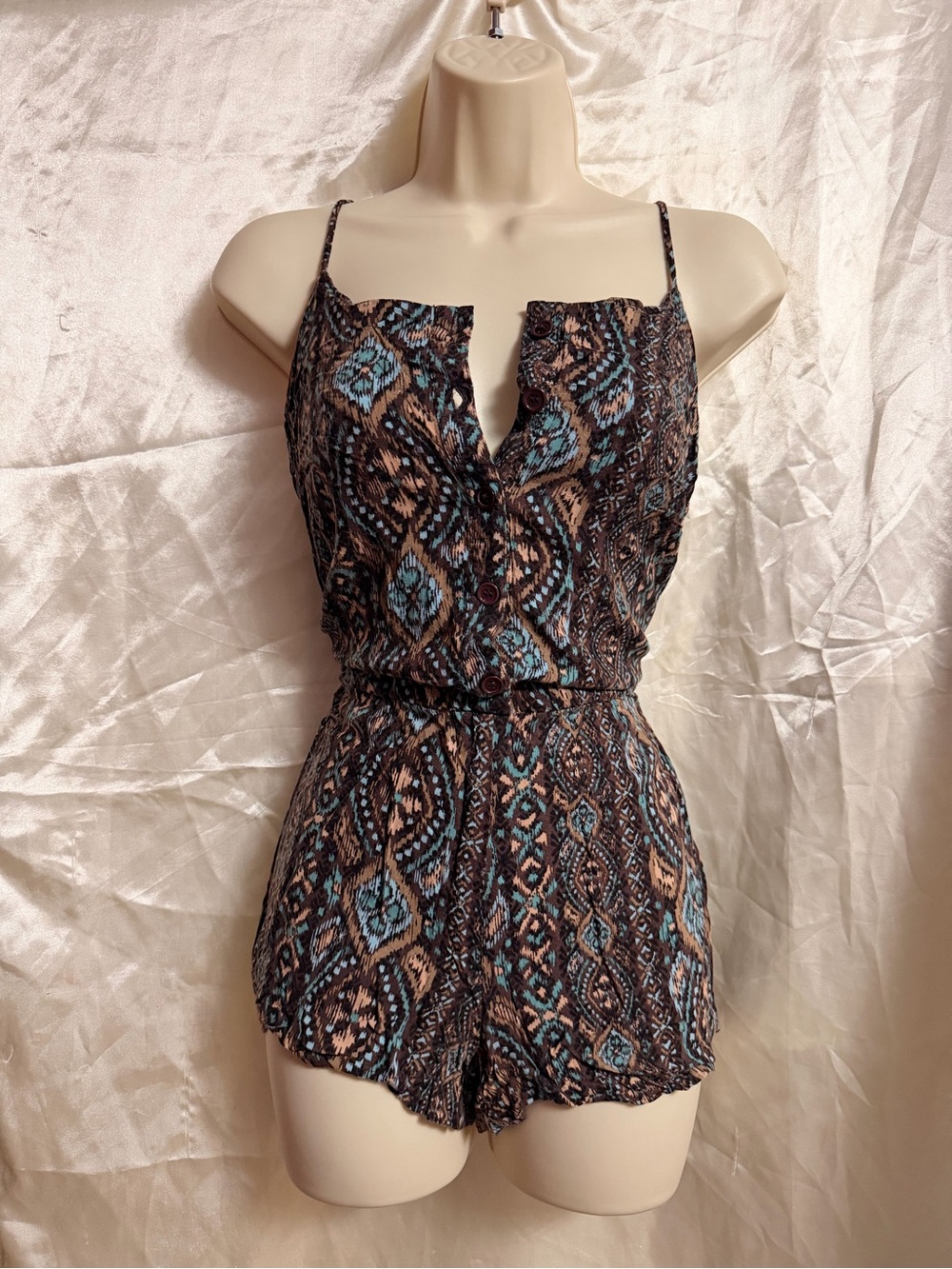 Brown & Blue Printed Spaghetti-Strap Romper
